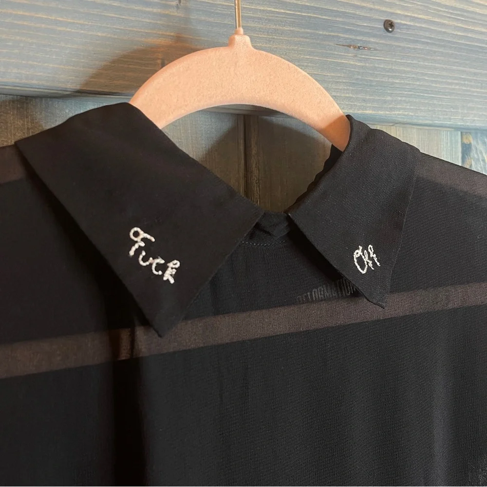 Reformation RARE F*ck Off Embroidered Collar Black Sheer Top - Picture 2 of 5